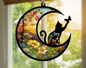 Cat Memorial Suncatcher, Personalized Cat with Name, Loss of Pet Sympathy Gift, Stained Glass Light Catcher, Engraved Cat Lovers Gifts