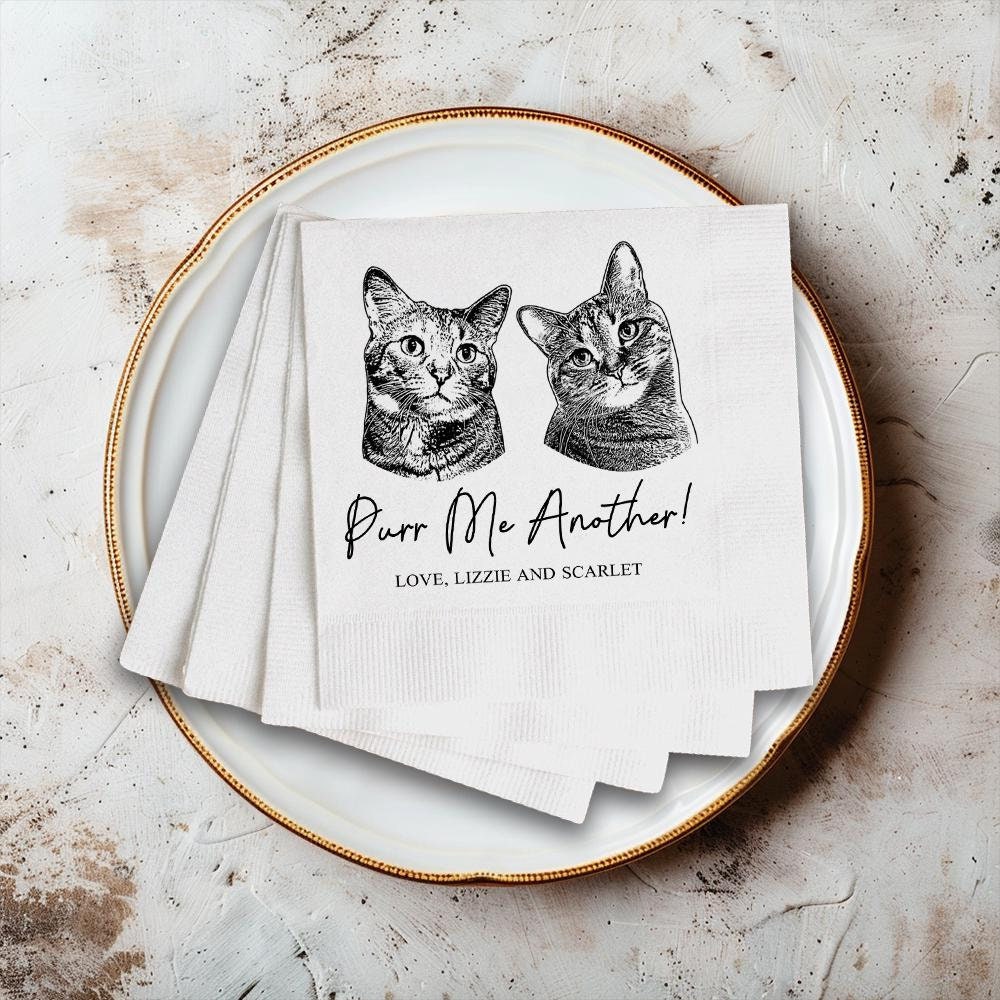 Personalized Illustrated Cat Wedding Napkins, Personalized Pet Cocktail Napkins, Cat Wedding Napkins, Dog Cocktail Napkins, Engagement Party