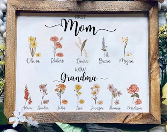 First Mom Now Grandma With Kid Names Wooden Frame, Birth Month Flower Grandma Frame, Mother's Day Gift, Gift For Grandma, Gift For Mom