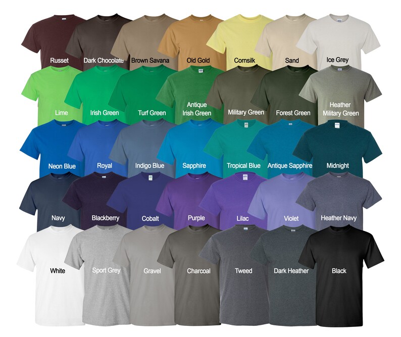 May include: A chart of 36 different colored t-shirts, each with a short-sleeve crew neck. The colors include: Russet, Dark Chocolate, Brown Savana, Old Gold, Cornsilk, Sand, Ice Grey, Lime, Irish Green, Turf Green, Antique Irish Green, Military Green, Forest Green, Heather Military Green, Neon Blue, Royal, Indigo Blue, Sapphire, Tropical Blue, Antique Sapphire, Midnight, Navy, Blackberry, Cobalt, Purple, Lilac, Violet, Heather Navy, White, Sport Grey, Gravel, Charcoal, Tweed, Dark Heather, and Black.