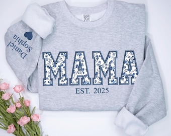 Personalized Embroidered Mama Sweatshirt - Floral Appliqué Mama Crewneck, Mama Sweater with Kids on Sleeve, Personalized Mother’s Day Gift