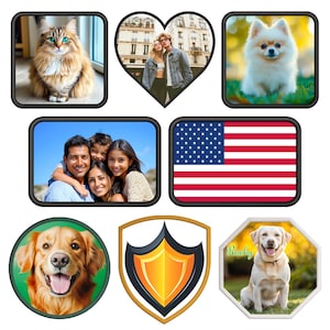 May include: A collection of framed images and graphics. Includes a cat, a couple in a heart-shaped frame, a fluffy white dog, a family portrait, an American flag, a golden retriever, a shield, and a Labrador named Rocky.