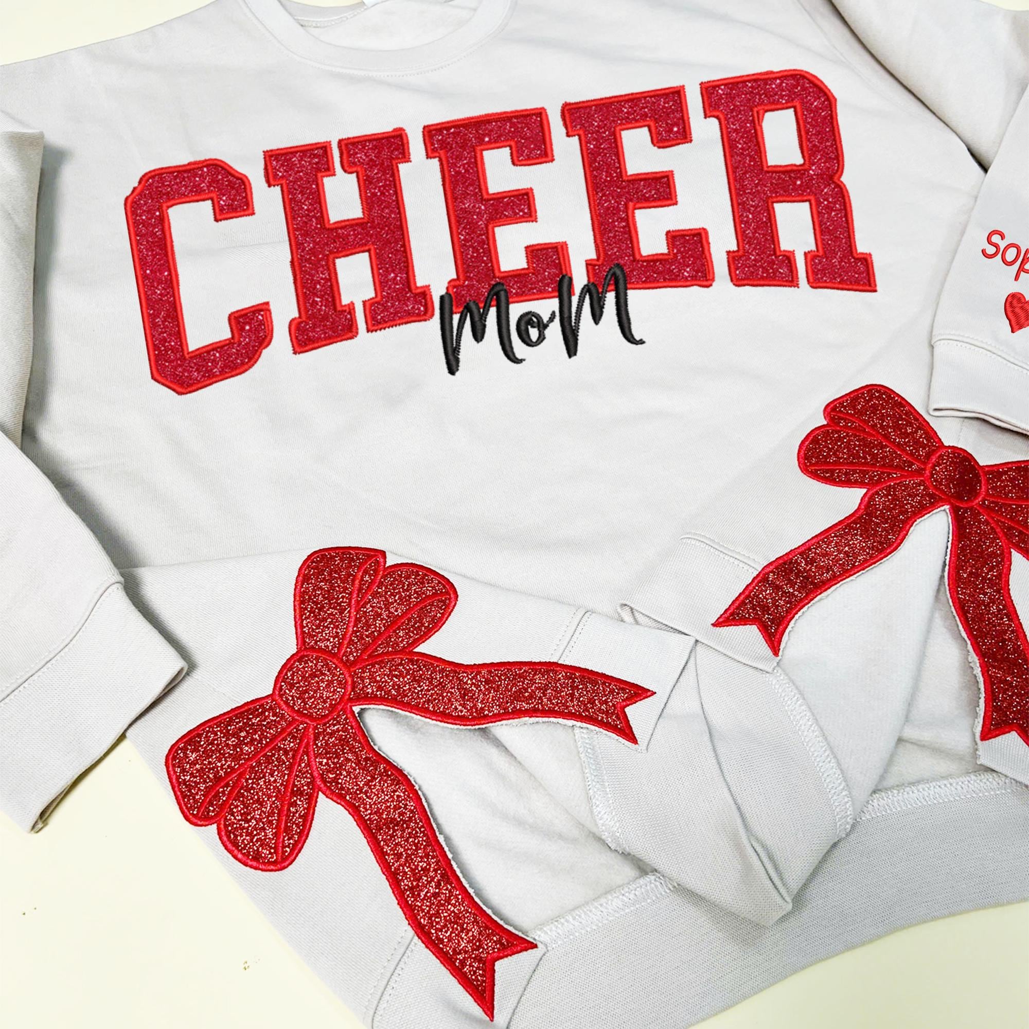 Cheer Mom Side Bow Cut-Out Sweatshirt With Glitter, Trendy Coquette Bow, Cheer Mom Sweatshirt Cheer Gift Glitter Cheerleader Hoodie Coquette