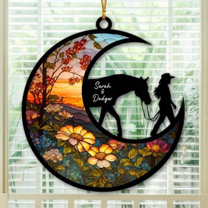 Personalized Horse Lover Gift Custom Name Girl and Horse Hanging Suncatcher Ornament, Custom Name and Background Suncatcher Xmas Ornament