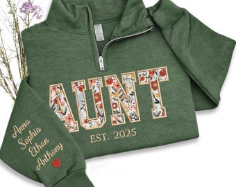 Embroidered Auntie Floral Sweatshirt, Custom Auntie Sweatshirt, Cool Aunt Sweatshirt, Kid Names On The Sleeve, Gift for Mimi, Gigi, Grandma