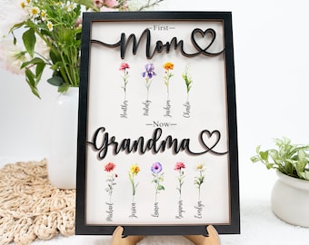 First Mom Now Grandma Wooden Plaque, Custom Birth Flower Mom Grandma Wooden Sign, Nana With Kid Name, Mother's Day Gift, MIL Gift, Mimi Sign