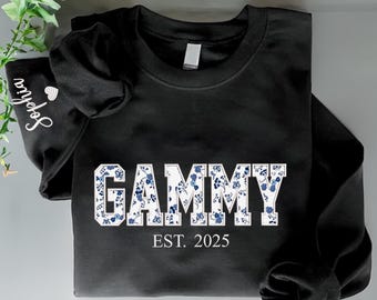 Custom Embroidered Grammy Sweatshirt, Grammy Floral Applique Sweatshirt, Grammy Sweater with Kids on Sleeve, Personalized Grandma Gifts.