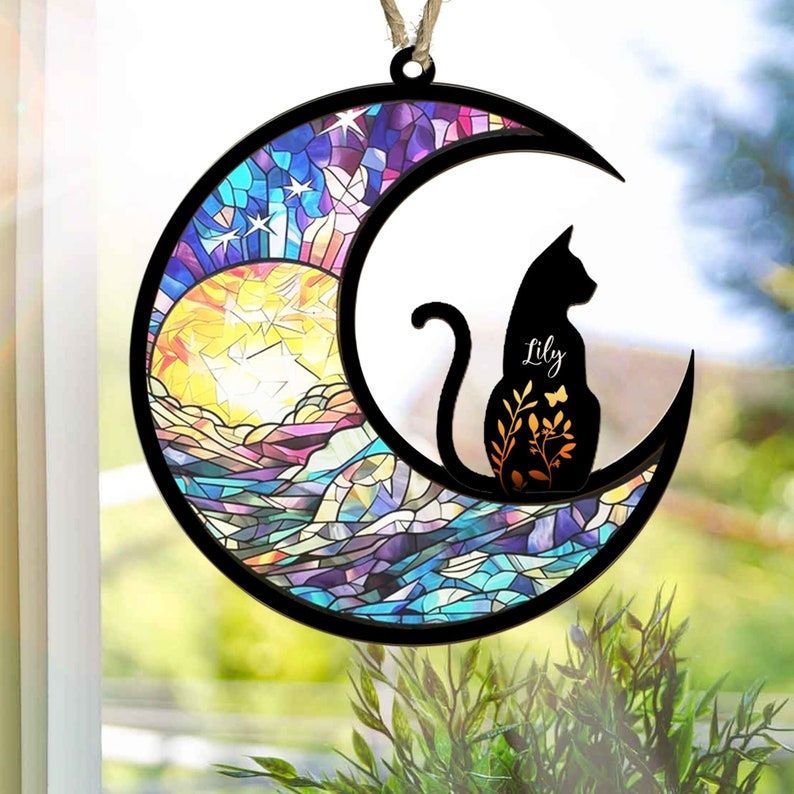 Cat Memorial Suncatcher, Personalized Cat with Name, Loss of Pet Sympathy Gift, Stained Glass Light Catcher, Engraved Cat Lovers Gifts image 2