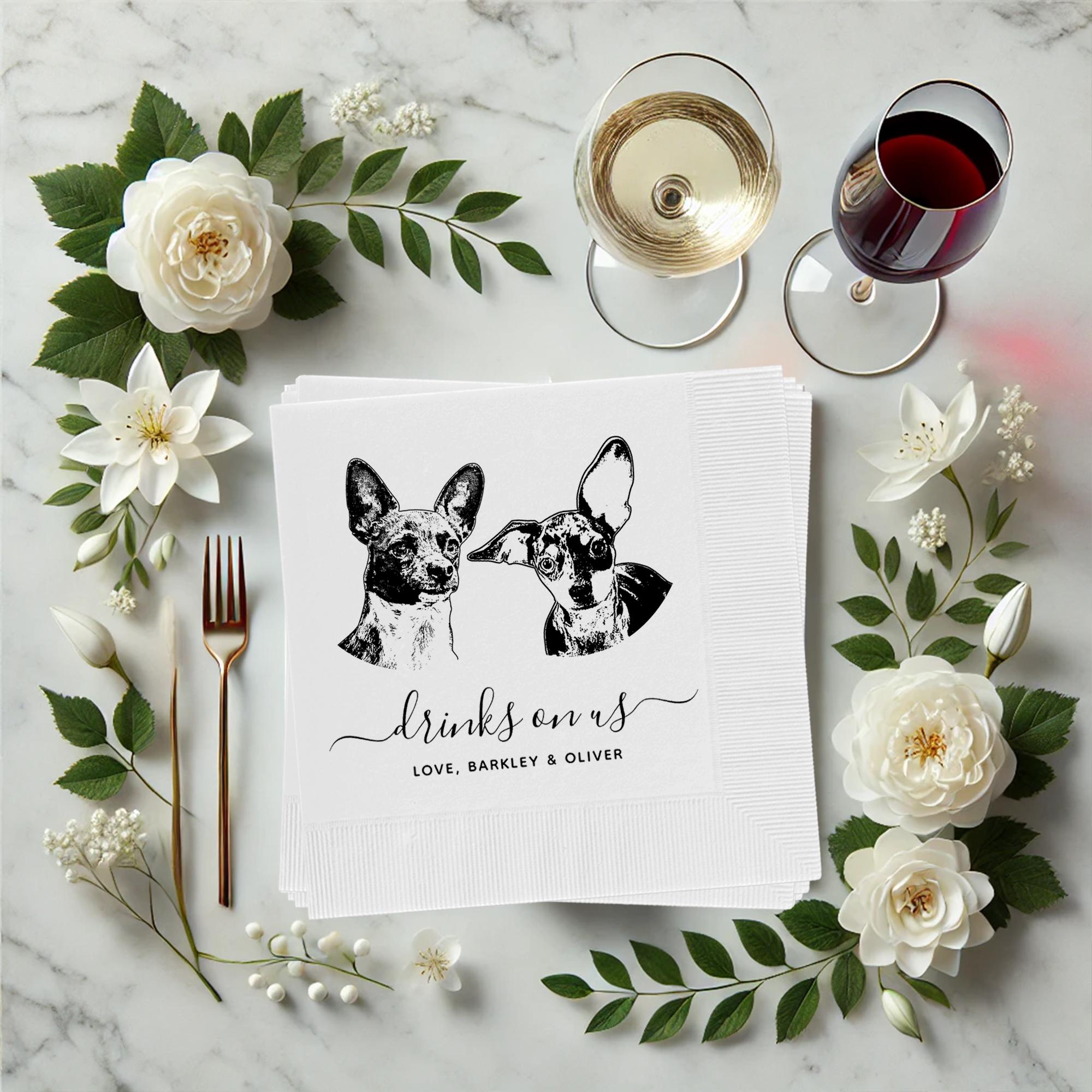 Personalized Illustrated Dog Wedding Napkins, Bridal Shower, Engagement