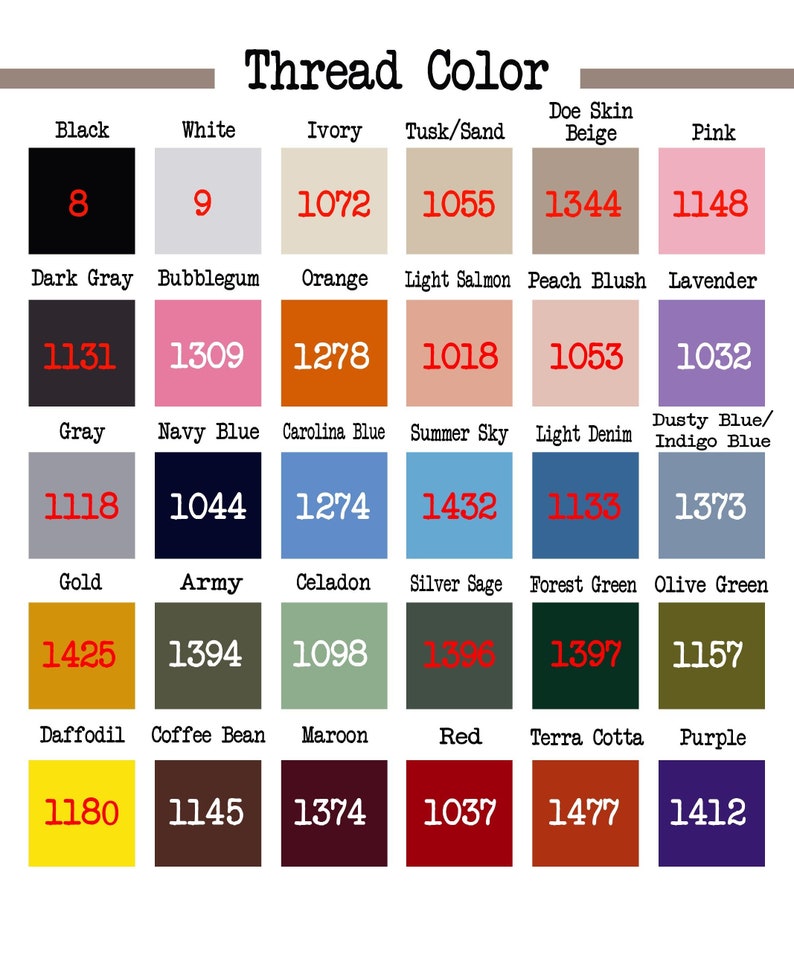 May include: A chart of thread colours with corresponding numbers. The colours include black, white, ivory, tusk/sand, doe skin beige, pink, dark grey, bubblegum, orange, light salmon, peach blush, lavender, grey, navy blue, carolina blue, summer sky, light denim, dusty blue/indigo blue, gold, army, celadon, silver sage, forest green, olive green, daffodil, coffee bean, maroon, red, terracotta, and purple.