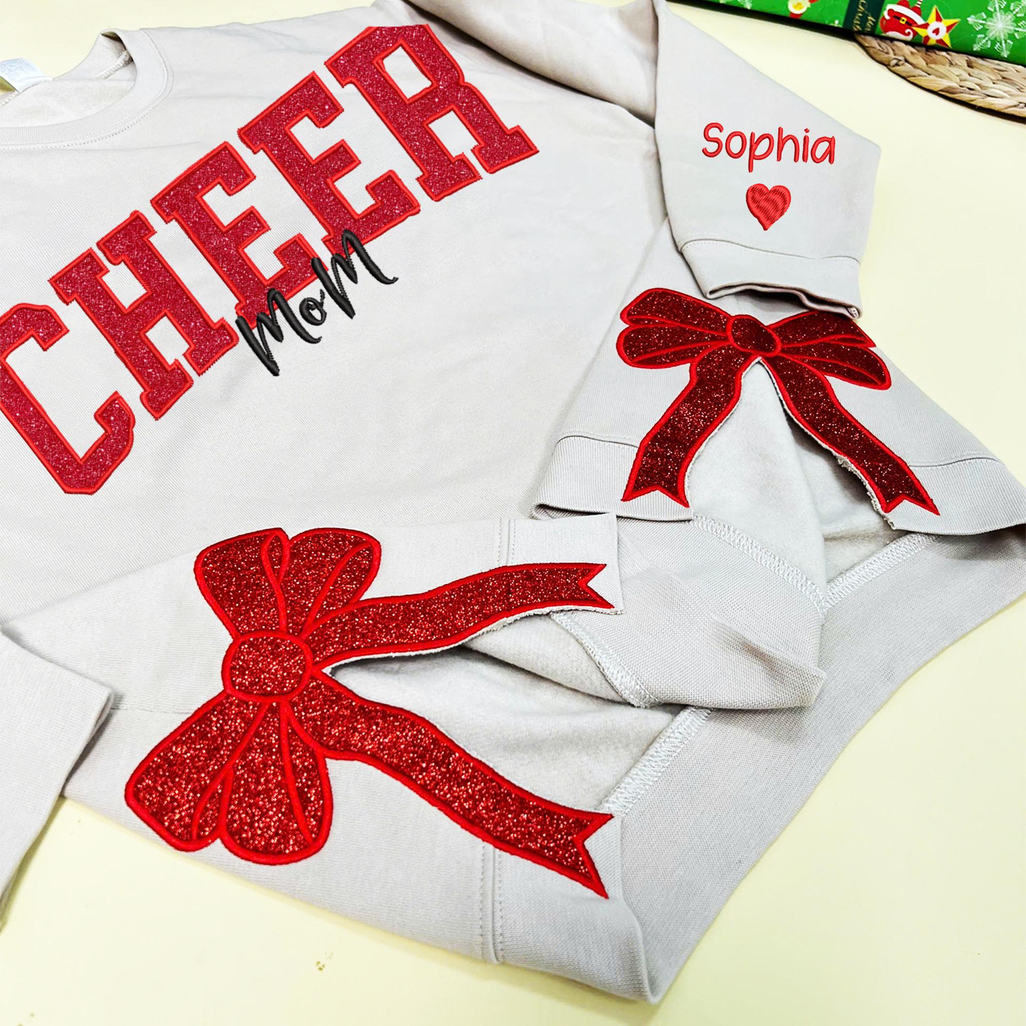 Cheer Mom Side Bow Cut-Out Sweatshirt With Glitter, Trendy Coquette Bow, Cheer Mom Sweatshirt Cheer Gift Glitter Cheerleader Hoodie Coquette