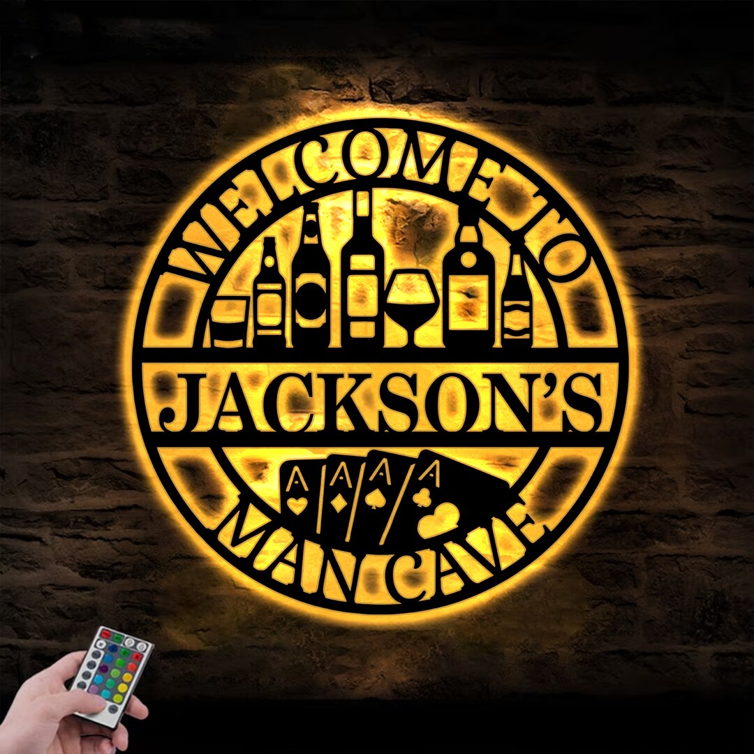 Personalized Man Cave Sign With LED Light, Custom Mancave Wall Art, Wall Art for Him Rustic Man