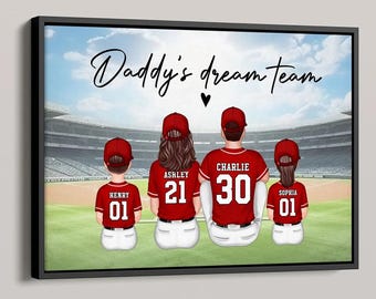Daddy's Team Baseball Family Sitting Personalized Poster, Unique Father's Day Gift for Dad, Gift for Husband, Happy Father's Day