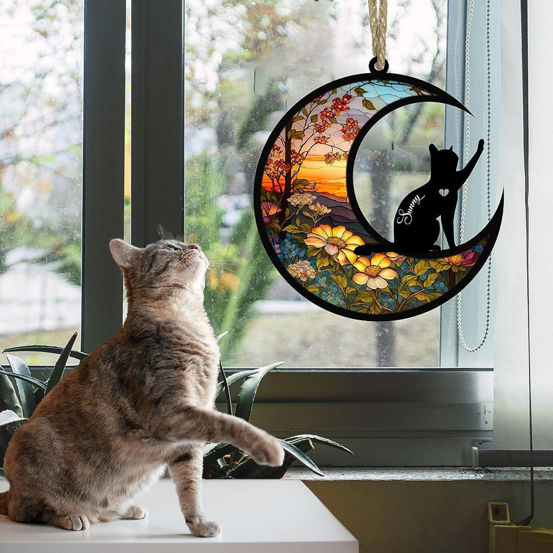 Cat Memorial Suncatcher, Personalized Cat with Name, Loss of Pet Sympathy Gift, Stained Glass Light Catcher, Engraved Cat Lovers Gifts image 9