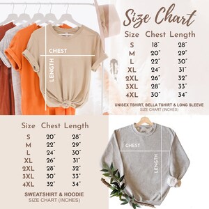 May include: Size chart for unisex t-shirts, Bella t-shirts, and long-sleeve shirts. The chart shows chest and length measurements in inches for sizes S through 4XL.