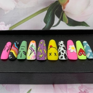 Crazy Press On Nails-Glue On Fake Nails Luxury Handmade Nail- Hand Painted Nails- Tips A67