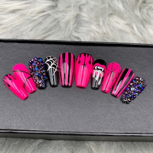 手描きハロウィンプレスオンネイル｜蛍光レインボー棺型ネイルアート-A145