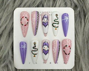 Merry Christmas |  press on nails / hand painted / coffin nails design/ florescent rainbow nails, nail art press on nails - A368