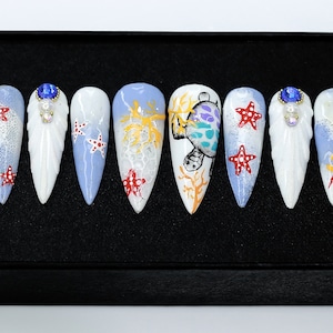 Press on nails / hand painted / coffin nails design/Summer press on nails, florescent rainbow nails, nail art press on nails-A110