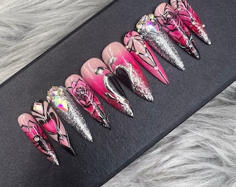 Eternal love Press on nails stiletto - Press On Nails | Fake Nails | Glue On Nails | Coffin Nails |  False Nails | Long Fake Nails- A268