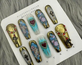 Hand Painted Y2K Coffin Press On Nails: Luxury Acrylic Fake Nails-A383