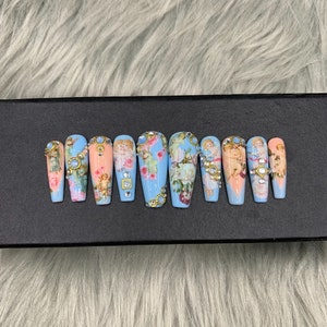 Press on nails / hand painted / coffin nails design/Summer press on nails, florescent rainbow nails, nail art press on nail - A273