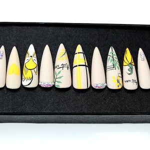 Press on nails / hand painted / coffin nails design/Summer press on nails, florescent rainbow nails, nail art press on nails-A1045