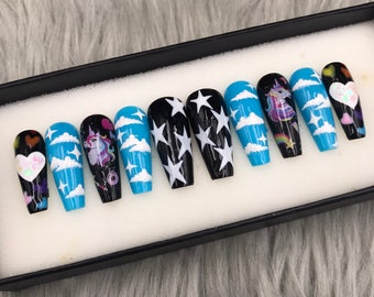 Press On Nails-Glue On Fake Nails Luxury Handmade Nail- Hand Painted Nails - A316