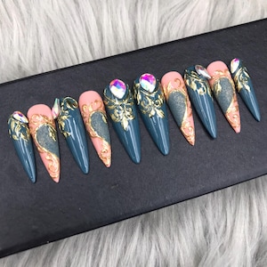 Press on nails / hand painted / coffin nails design/Summer press on nails, florescent rainbow nails, nail art press on nails-A420
