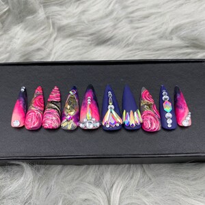 Press On Nails / hand painted / coffin nails design/Summer press on nails, florescent rainbow nails, nail art press on nails-A128
