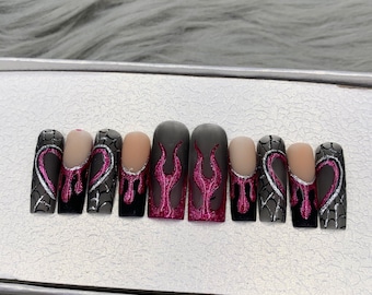 Pink Flames loveliest Glue On nails long coffin - A193