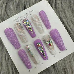 Hand Painted Long Coffin Press On Nails: Purple Glitter Rhinestone Set- A392