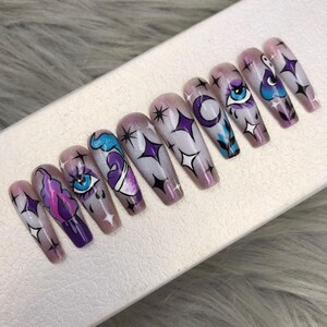 Press on nails / hand painted / coffin nails design/ florescent rainbow nails, nail art press on nails -A400