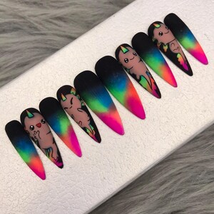 Press on nails / hand painted / coffin nails design/ florescent rainbow nails, nail art press on nail - A334