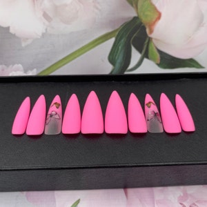 Butterfly Pink Matte FaKe Nails Stiletto- False Nails | Glue On Nails | Press On Nails | Coffin Nails |  Luxury Press On Nails- A28