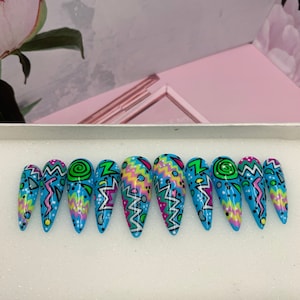Fun Abstract nails - Press on nails, Bright press on nails, Summer press on nails, florescent rainbow nails, nail art press on nails -  A114
