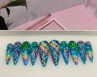 Fun Abstract Press On Nails: Bright Fluorescent Rainbow Nail Art- A114