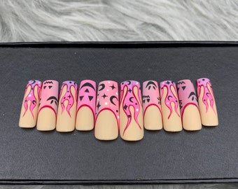 Hand Painted Gel X Coffin Nails | Pink Flame Press Ons-A132