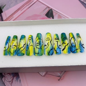 Hand Drawn Abstract Face nails  - Bright press on nails, Summer press on nails, florescent rainbow nails, nail art press on nails - A94