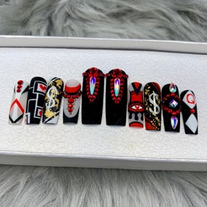 Uñas postizas con diseño de cartas de Las Vegas / Rey, Reina, Jota y As / Póker / Uñas de ataúd / Uñas de lujo / Uñas postizas largas - A153