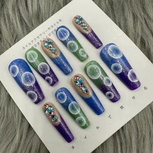 Press On Nails / hand painted / coffin nails design/Summer press on nails, florescent rainbow nails, nail art press on nails-A398