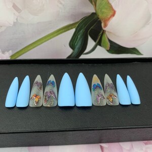 Butterfly Blue Matte Fake Nails Stiletto- Press On Nails | Fake Nails | False Nails|  Coffin Nails | Glue On Nails | Long Fake Nails-A23