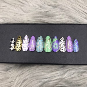Mixing and match press on nails - Press on nails / hand painted / coffin nails design/Summer press on nails, florescent rainbow nails - A264