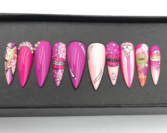 Hand Painted Crystal Press On Nails | Long Coffin Acrylic False Nails-A50