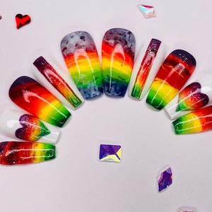 Colourful Love Short Coffin- Press On Nails | Fake Nails | Glue On Nails | Coffin Nails | Press On Nails | False Nails | Long Fake Nails-A10