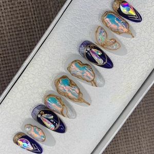 Luxury Nails / Press on nails / hand painted / coffin nails design/fake nails, florescent rainbow nails, nail art press on nails-A422