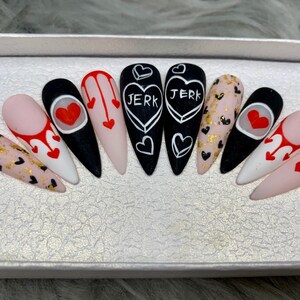 Lover Red And Black Nails Art | Luxury Nails | Gel X False Nails | Press On Nails | Glue On Nails | Coffin Nails | Long Fake Nails - A131