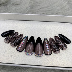 Maleficent Black Fake Nails With Crystal | Press On Nails | Glue On Nails | Fake Nails | Long Fake Nails | False Nails | Coffin Nails - A75
