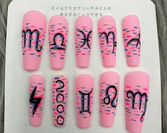 Hand Painted Press On Nails: Fluorescent Rainbow Coffin Nails-A376
