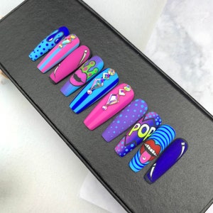 Pop Art Press on Nails Coffin Set fake Nails Glue on Nails Press on ...